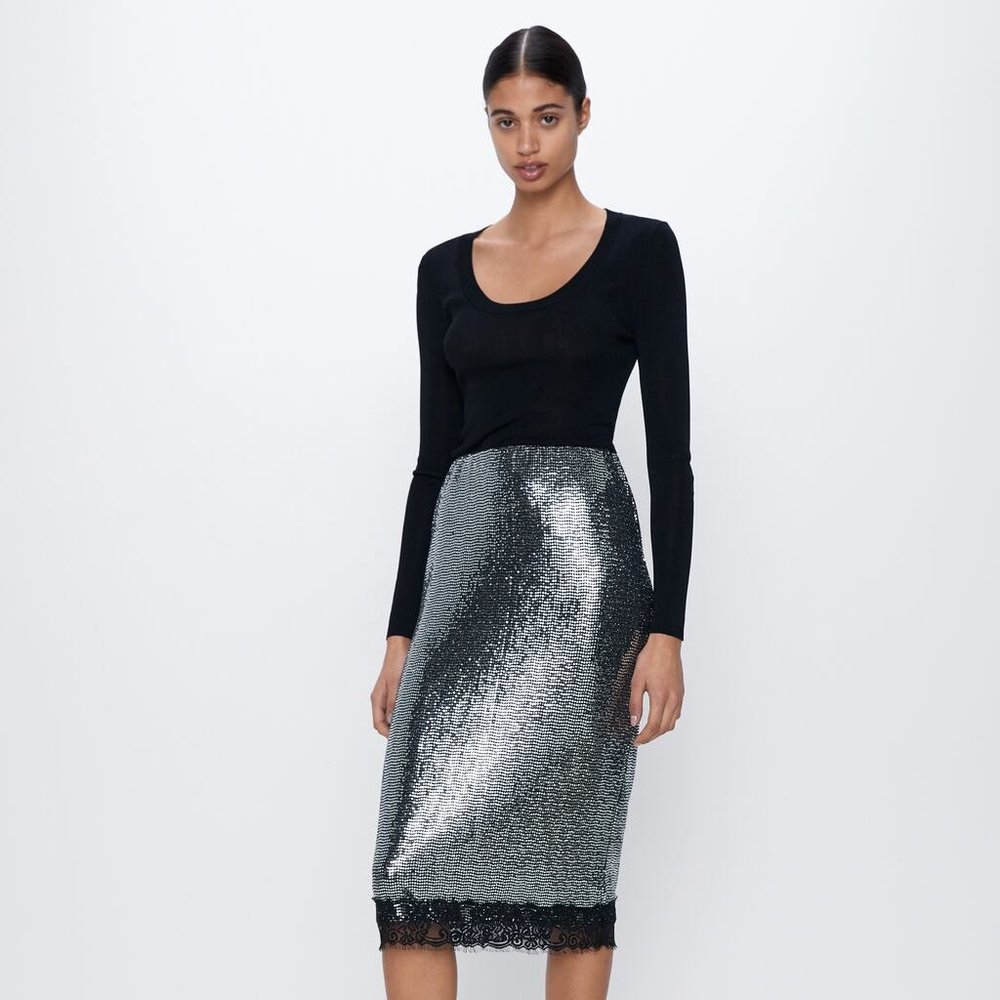 NWT Zara Size S Sequin Lace Pencil Skirt